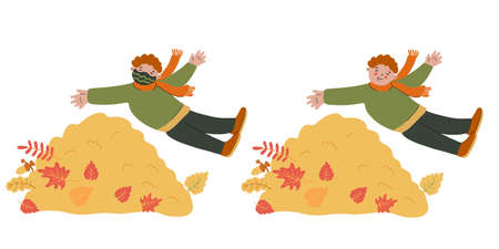 Joyful little boy jumping into a pile of leaves. Vector illustration with and without protective face mask. Fun and happiness outdoors. Isolated on white background. Pandemic and flu time.のイラスト素材