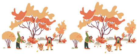 Children playing with autumn leaves and acorns in the park. Vector illustration with and without protective face masks. Fun and happiness outdoors. Isolated on white background. Pandemic and flu time.のイラスト素材