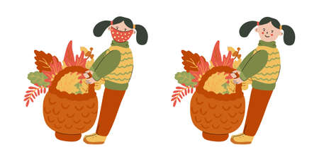 Little girl with a big wicker basket ful of autumn leaves. Vector illustration with and without protective face masks. Fun and happiness outdoors. Isolated on white background. Pandemic and flu time.のイラスト素材