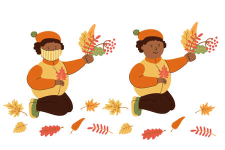 Cute african american child playing with autumn leaves. Vector illustration with and without protective face masks. Fun and happiness outdoors. Isolated on white background. Pandemic and flu time.のイラスト素材