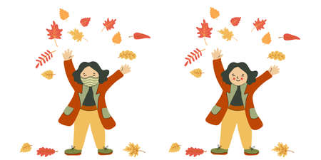 Little girl playing with autumn leaves. She throws them up. Vector illustration with and without protective face masks. Fun and happiness outdoors. Isolated on white background. Pandemic and flu time.のイラスト素材