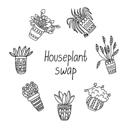 Houseplant swap. Hand drawn lettering. Vector illustration isolated on white background. Doodle sketch style.のイラスト素材