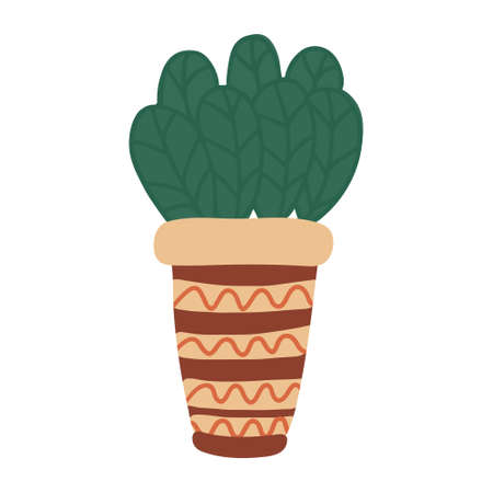 Nice houseplant in a flower pot decorated with ornaments. Vector hand drawn illustration isolated on white background. Flat style.のイラスト素材