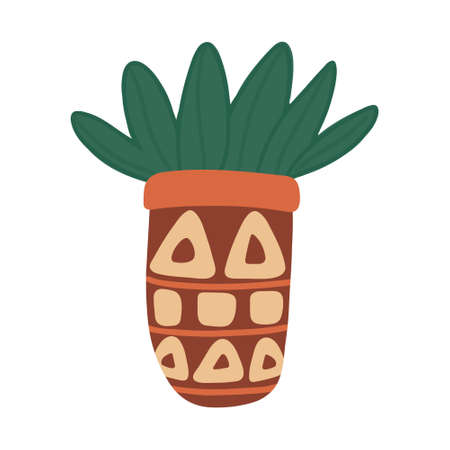Houseplant in a flower pot decorated with ornaments. Vector hand drawn illustration isolated on white background. Flat style.のイラスト素材