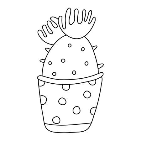 Blooming cactus in doodle style. House plant in a pot decorated with polka dots. Hand drawn vector illustration of succulent in black ink on white background. Isolated outline.のイラスト素材