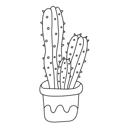 House plant in a pot. Cactus in doodle style. Hand drawn vector illustration of succulent in black ink on white background. Isolated outline.のイラスト素材