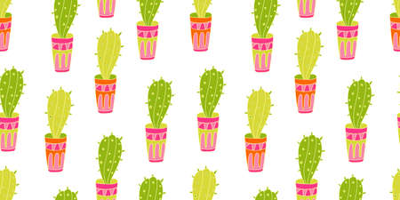 Vector seamless pattern with colorful cartoon cactus plants in pots decorated with patterns. Flat style with outline.のイラスト素材