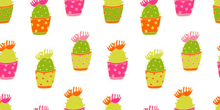 Vector seamless pattern with colorful blooming succulent cactuses in pots decorated with polka dots. Flat style with outline.のイラスト素材