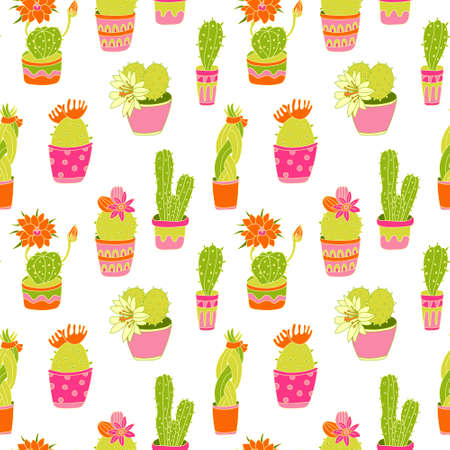 Vector seamless pattern with colorful blooming succulent cactuses in pots decorated with patterns. Flat style with outline.のイラスト素材