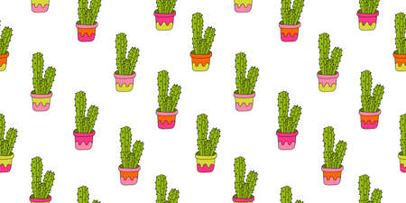 Vector seamless pattern with colorful cartoon cactus plants in pots decorated with patterns. Flat style with outline. Bright pink, green, orange colors. Great for covers, wrapping papers, fabrics.のイラスト素材