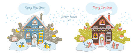 Vector winter houses with letterings Merry Christmas and Happy New Year. Cozy winter illustration with house surrounded snowdrift, fir branches with Christmas ornaments, ladder, gifts, sleeping cat.のイラスト素材