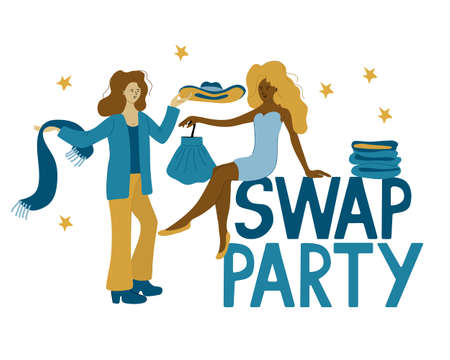 Swap party lettering. Two nice women exchanging clothes with each other. Hand drawn vector illustration isolated on white background. Flat style with lines.のイラスト素材