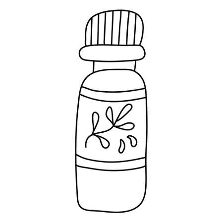 Bottle or vial with drops or herbal plant oil. Doodle sketch hand drawn vector illustration on white background. Isolated outline.のイラスト素材