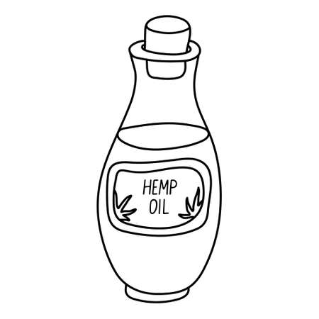 Bottle of hemp oil. Doodle sketch hand drawn vector illustration and lettering on white background. Isolated outline. Alternative medicine.のイラスト素材