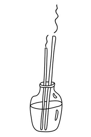 Bottle with oil and incense or aroma sticks. Doodle sketch hand drawn vector illustration on white background. Isolated outline. Alternative medicine.のイラスト素材