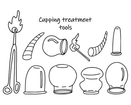 Set of tools for cupping treatment. Alternative medicine. Doodle sketch hand drawn vector illustration of a medical cups or jars, fire, horns, forceps on white background. Isolated outline.のイラスト素材