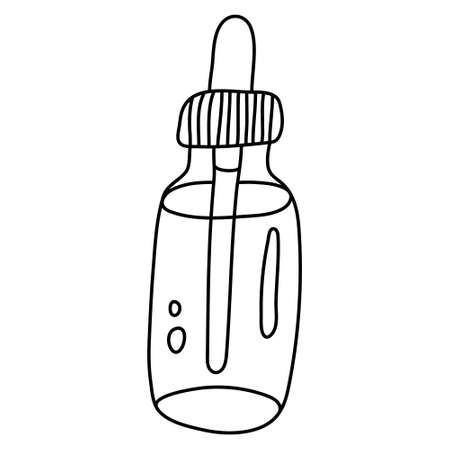 Bottle or vial of oil with pipette. Doodle sketch hand drawn vector illustration on white background. Isolated outline.のイラスト素材