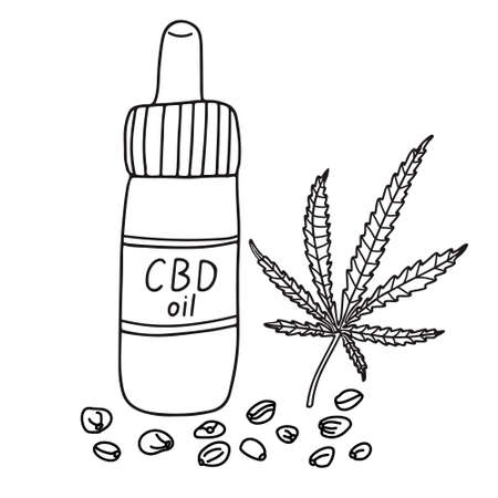 Vial of CBD oil. Doodle sketch hand drawn vector illustration of a bottle, cannabis leaf and seeds and lettering on white background. Isolated outline. Alternative medicine.のイラスト素材