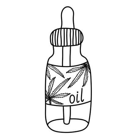 Vial of hemp or CBD oil. Doodle sketch hand drawn vector illustration and lettering on white background. Isolated outline. Alternative medicine.のイラスト素材