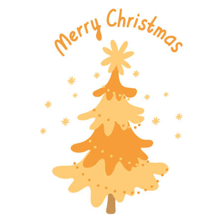 Greeting card with a beautiful Christmas tree decorated with a big golden star and Merry Christmas hand drawn lettering. Yellow color. Vector illustration isolated on white background.のイラスト素材