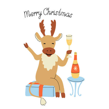 Greeting card or poster with a cute cheerful deer drinking champagne. Animal sits on a gift box. Merry Christmas hand drawn lettering. Vector illustration isolated on white background.のイラスト素材