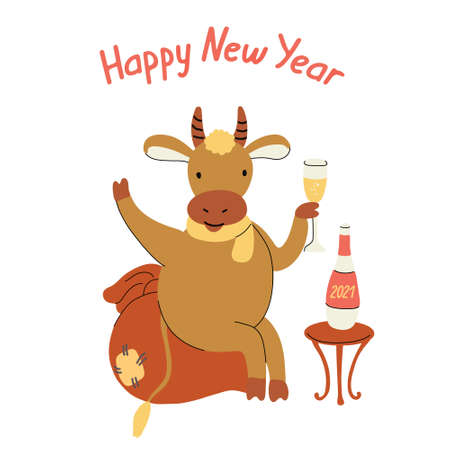 Happy New Year greeting card with a cute cheerful bull or cow drinking champagne. Animal sits on a bag with gifts. Year of ox. Hand drawn lettering. Vector illustration isolated on white background.のイラスト素材