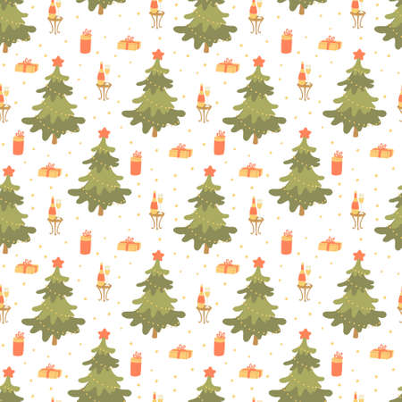 Vector seamless pattern with Christmas trees decorated with big golden stars, bottles of champagne, gift boxes and snowflakes on white. Yellow, red, green colors. Great for fabrics, wrapping papers.のイラスト素材