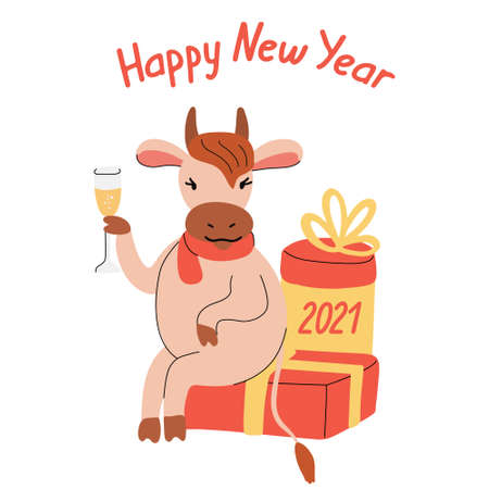 Happy New Year greeting card with a cute cheerful bull or cow drinking champagne. Animal sits on a gift box. Year of ox 2021. Hand drawn lettering. Vector illustration isolated on white background.のイラスト素材