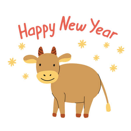 Happy New Year greeting card with a cute bull. Year of ox poster. Vector illustration isolated on white background. Hand drawn lettering.のイラスト素材