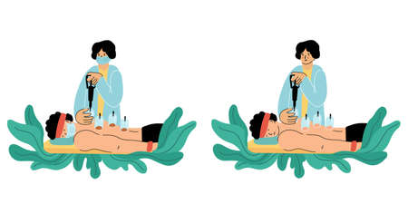 Person receiving vacuum cupping treatment. Alternative medicine. Vector hand drawn illustration of a doctor, a patient wearing face mask, medical cups and suction pump isolated on white background.のイラスト素材