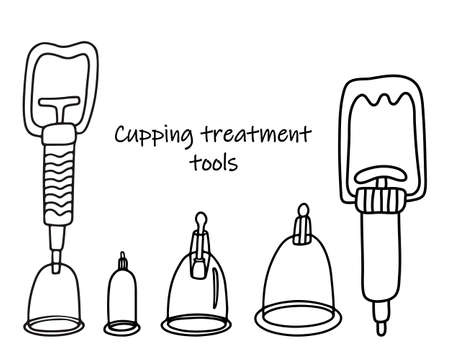 Set of tools for cupping treatment. Alternative medicine. Doodle sketch hand drawn vector illustration of a medical cups and vacuum cupping gun or suction pump on white background. Isolated outline.のイラスト素材