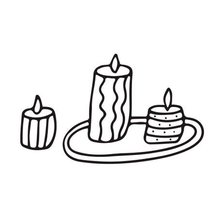 Candles decorated with patterns on a tray in doodle sketch style. Vector hand drawn illustration on white background. Isolated black outline.のイラスト素材