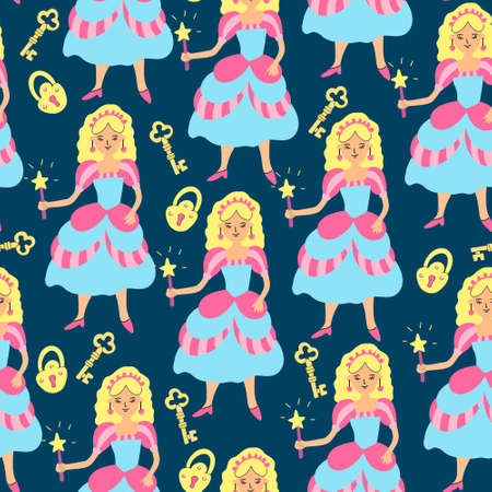 Vector seamless pattern with princesses, padlocks and gold keys. Great for fabrics, wrapping papers, covers and kids design. Dark background.のイラスト素材