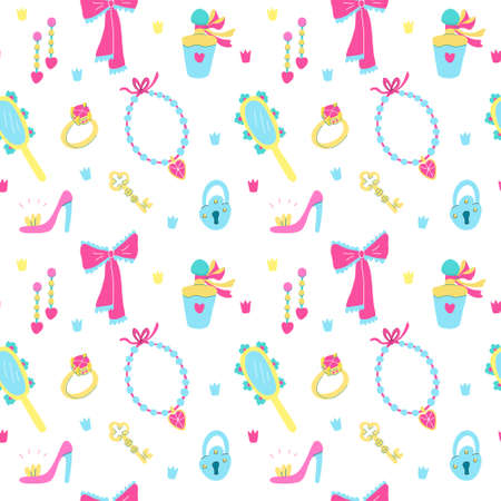 Vector seamless pattern with accessories for girls isolated on white. Hand drawn ribbon bow, ring, earrings, hand mirror, necklace, keys, shoe. Great for fabrics, wrapping papers, wallpapers, covers.のイラスト素材