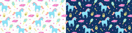 Set of vector seamless patterns with blue unicorns on white and deep blue. Hand mirrors, padlocks, keys, hearts, fairy books. Great for fabrics, wrapping papers, wallpapers, covers, baby clothes.のイラスト素材