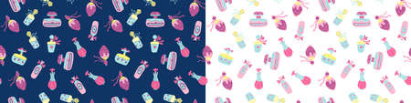 Two vector seamless patterns with bottles of perfume on white and dark blue. Great for fabrics, wrapping papers, wallpapers, covers. Hand drawn flat illustration. Blue, pink and yellow colors.のイラスト素材