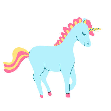 Blue unicorn in cartoon style. Yellow and pink tail and mane. Hand drawn vector illustration isolated on white background. Great for kids products design.のイラスト素材