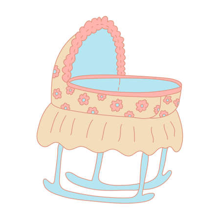 Bassinet decorated with chamomile flowers in color doodle style. Flat style with outline. Hand drawn vector illustration isolated on white background. Newborn bed. Pastel colors, pink, blue, beige.のイラスト素材