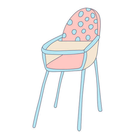 Baby highchair decorated with polka dots in color doodle style. Flat style with outline. Hand drawn vector illustration isolated on white. Chair for feeding. Pastel muted colors, pink, blue, beige.のイラスト素材