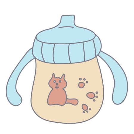 Sippy cup with handles decorated with a cat in color doodle style. Drinking cup for toddlers. Baby care and feeding theme. Flat style with outline. Hand drawn vector illustration isolated on white.のイラスト素材