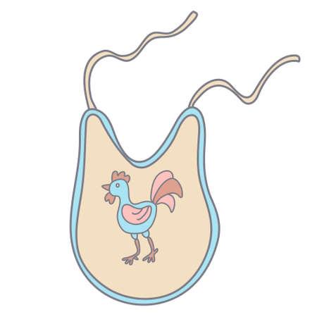 Baby bib decorated with a cute rooster in color doodle style. Flat style with outline. Hand drawn vector illustration isolated on white background. Pastel colors, pink, blue, beige. Child feeding itemのイラスト素材
