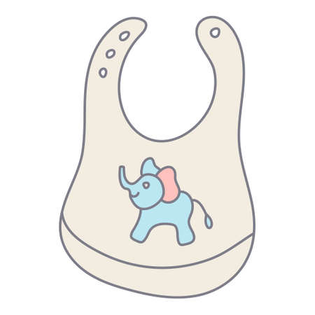 Baby bib decorated with a cute elephant in color doodle style. Flat style with outline. Hand drawn vector illustration isolated on white. Pastel colors, pink, blue, beige. Child feeding item.のイラスト素材