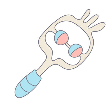 Baby rattle in color doodle style. Flat style with outline. Hand drawn vector illustration isolated on white background. Pastel colors, pink, blue, beige. Toy for newborn.のイラスト素材