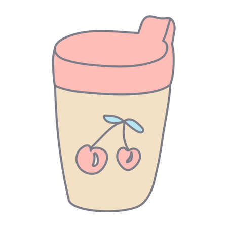 Sippy cup decorated with cherries in color doodle style. Drinking cup for toddlers. Baby care and feeding theme. Flat style with outline. Hand drawn vector illustration isolated on white background.のイラスト素材