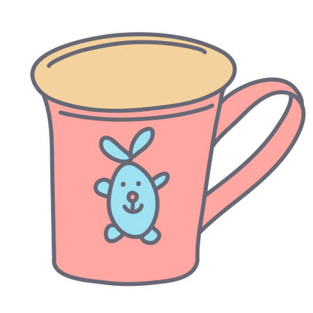 Baby cute mug decorated with a little rabbit in color doodle style. Flat style with outline. Hand drawn vector illustration isolated on white background. Pastel colors, pink, blue, beige.のイラスト素材