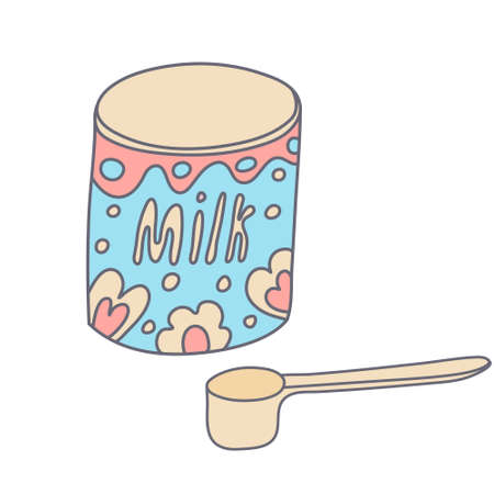 Can with infant formula or baby milk in color doodle style. Measuring spoon. Flat style with outline. Hand drawn vector illustration isolated on white background. Pastel colors, pink, blue, beige.のイラスト素材