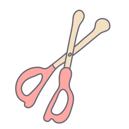 Baby nail scissors with rounded edges in color doodle style. Flat style with outline. Hand drawn vector illustration isolated on white background. Pastel colors, pink, beige.のイラスト素材