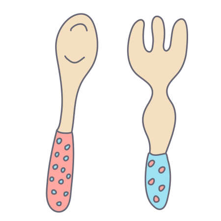 Baby fork and spoon. Flat style with outline. Hand drawn vector illustration isolated on white background. Pastel colors, pink, blue, beige. Toddler feeding theme.のイラスト素材