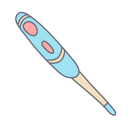 Baby digital thermometer in color doodle style. Flat style with outline. Hand drawn vector illustration isolated on white background. Pastel colors, pink, blue, beige.のイラスト素材