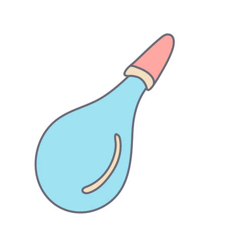 Baby enema or bulb syringe in color doodle style. Nasal aspirator, nose cleaner vacuum. Flat style with outline. Hand drawn vector illustration isolated on white. Pastel colors, pink, blue, beige.のイラスト素材